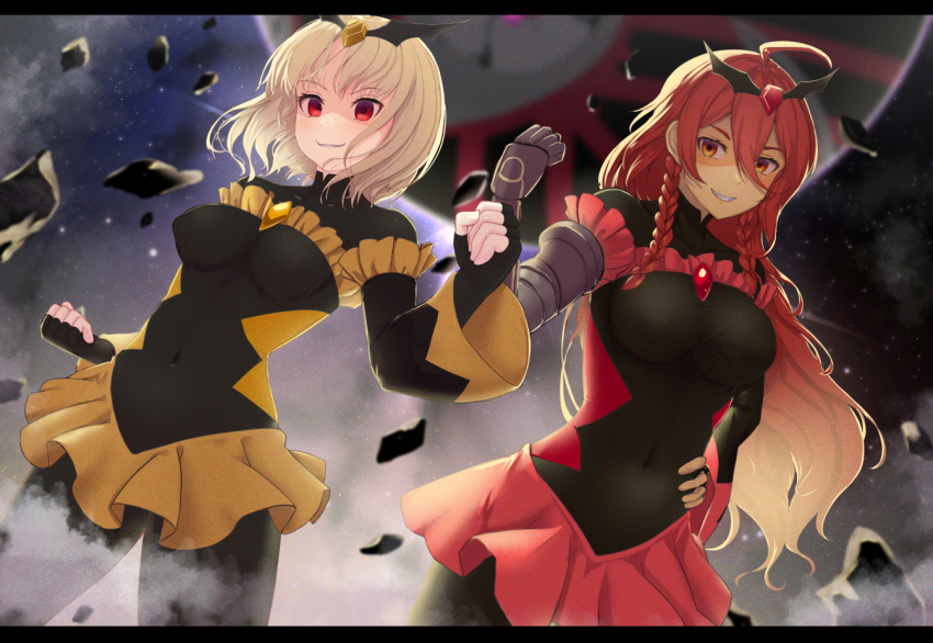 2girls, ahoge, bad_end_peace, bad_end_peace_(cosplay), bad_end_sunny, bad_end_sunny_(cosplay), black_bodysuit, blonde_hair, bodysuit, braid, breasts, clenched_hands, cosplay, dark-skinned_female, dark_skin, fingerless_gloves, frills, gloves, grin, hand_on_own_hip, kokubyaku_no_avesta, letterboxed, long_hair, looking_at_viewer, medium_breasts, multiple_girls, okina_(805197), orange_eyes, precure, prosthesis, prosthetic_arm, quinn_(kokubyaku_no_avesta), red_eyes, red_hair, red_skirt, rubble, samrukh_(kokubyaku_no_avesta), shaded_face, shinza_bansho_series, short_hair, skirt, smile, smile_precure!, twin_braids, wind, wind_lift, yellow_skirt