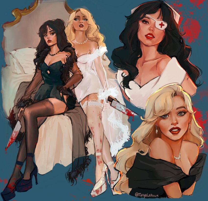 2girls, black_dress, black_footwear, black_hair, black_thighhighs, blonde_hair, blood, blood_on_leg, bloody_weapon, commentary, dress, english_commentary, eyepatch, hat, high_heels, highres, holding, holding_knife, jenna_ortega, jewelry, knife, long_hair, multiple_girls, necklace, nurse_cap, off-shoulder_dress, off_shoulder, on_bed, pearl_necklace, real_life, red_lips, sabrina_carpenter, see-through_clothes, see-through_legwear, sitting, tanya_lehoux, thighhighs, twitter_username, wavy_hair, weapon, white_dress, white_footwear, white_thighhighs