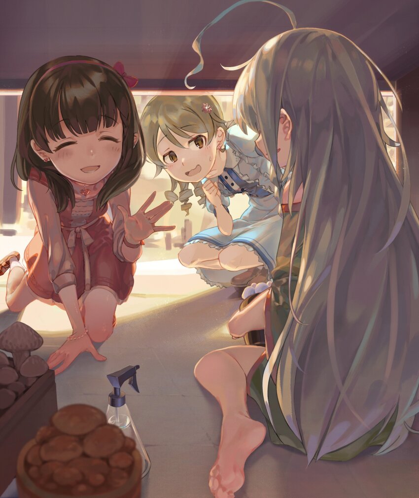 3girls, absurdres, ahoge, barefoot, bottle, brown_hair, closed_eyes, dress