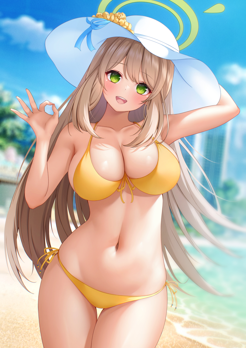 1girl, :d, arm_up, bare_arms, beach, belly, bikini, blue_archive