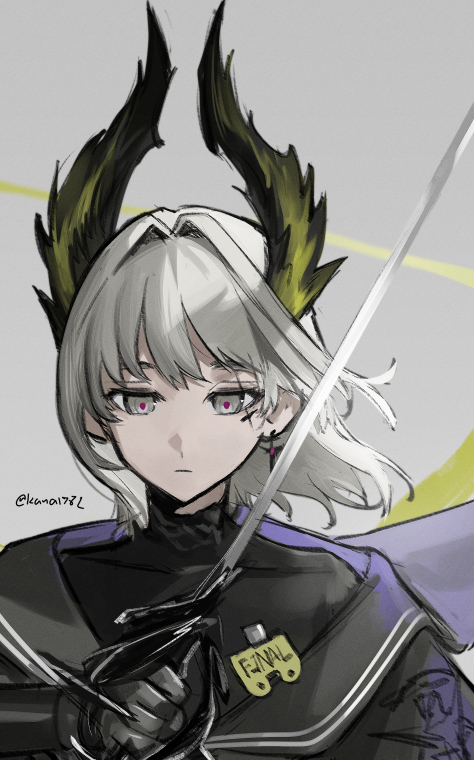 1girl, arknights, black_gloves, black_shirt, closed_mouth, commentary_request, earrings, expressionless, gloves, grey_background, grey_eyes, grey_hair, hair_intakes, holding, holding_sword, holding_weapon, irene_(arknights), irene_(the_adjudicatrix_and_her_resolve)_(arknights), jewelry, kana1782, long_sleeves, looking_down, medium_hair, off_shoulder, official_alternate_costume, pink_pupils, rapier, scar, scar_across_eye, scar_on_face, shirt, solo, sword, thai_commentary, turtleneck, turtleneck_shirt, twitter_username, upper_body, weapon