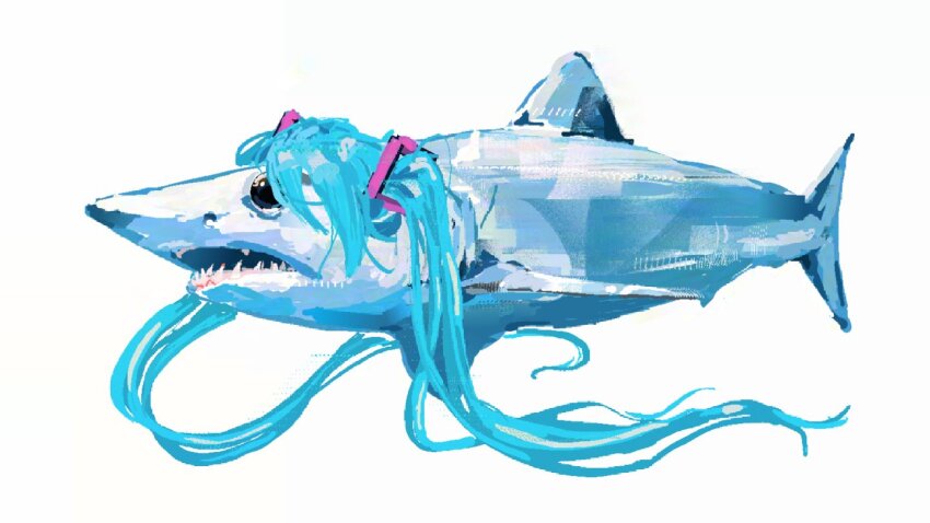 animal, animal_focus, aqua_hair, hatsune_miku, junbuug, nameplay, no_humans, shark, sharp_teeth, simple_background, solo, teeth, twintails, vocaloid, white_background, worldwide_miku