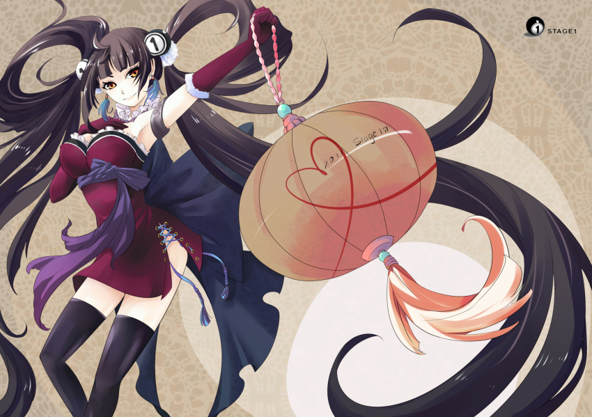 1girl, armlet, armpits, black_hair, black_thighhighs, breasts, earrings, elbow_gloves