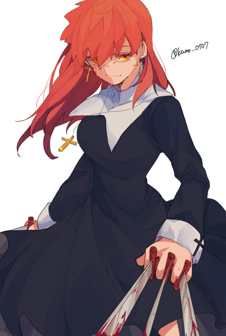 1girl, artist_name, black_keys_(type-moon), blood, bloody_weapon, breasts, commentary_request, cross