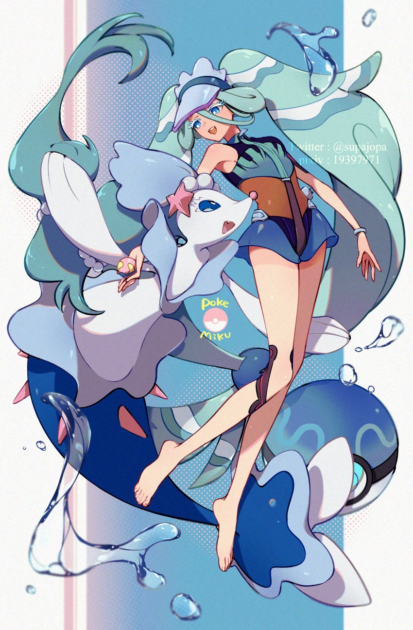 1girl, aqua_hair, barefoot, blue_eyes, bracelet, colored_eyelashes, eye_contact, full_body