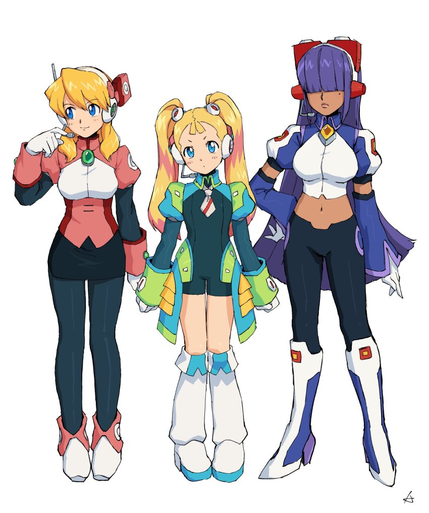 3girls, absurdres, alia_(mega_man), alternate_costume, arms_up, blonde_hair, breasts, dark-skinned_female