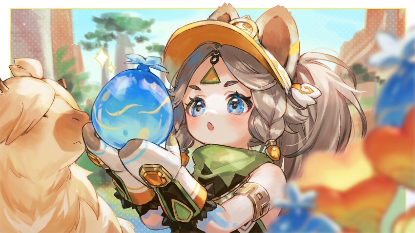 1girl, animal_ears, blue_eyes, blurry, blurry_background, blush, brown_hair, carrying