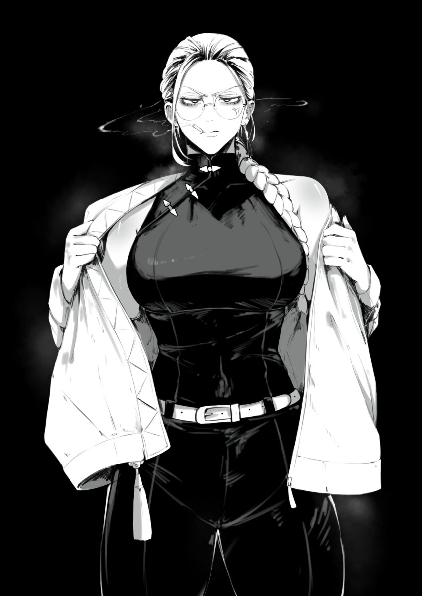 1girl, absurdres, bare_shoulders, belt, black_background, breasts, cigarette, commentary