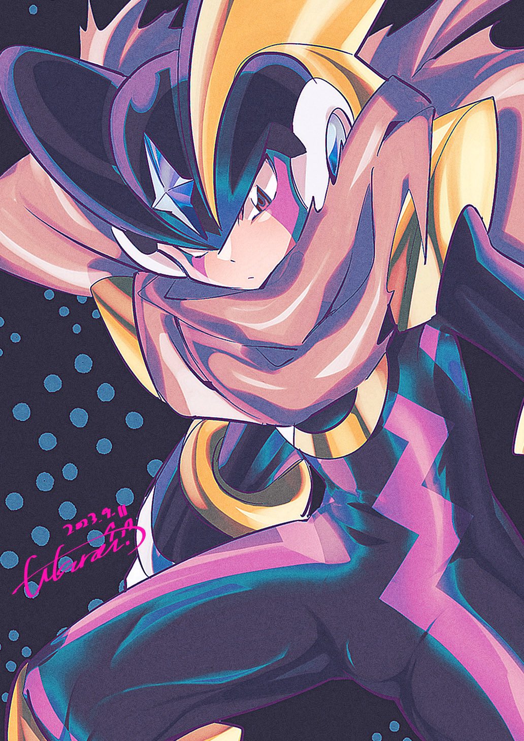 1boy, baron-0628, bass.exe_(mega_man), black_background, black_bodysuit, black_helmet, bodysuit, brown_cloak