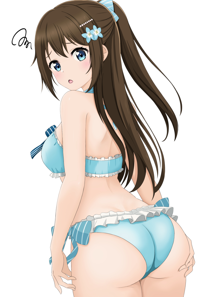 1girl, absurdres, arms_at_sides, ass, back, bikini, blue_bikini, blue_eyes