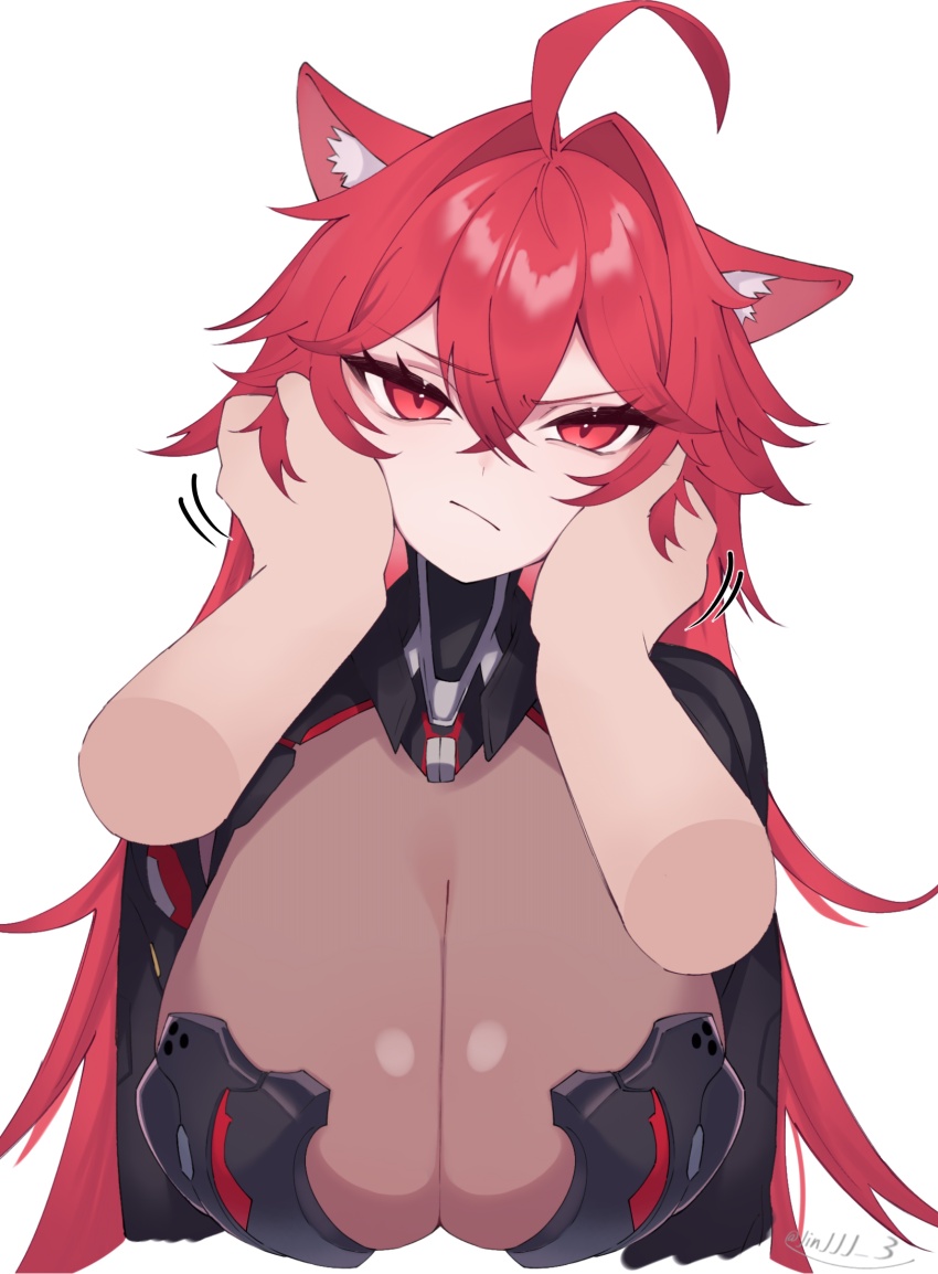 1girl, absurdres, animal_ears, antenna_hair, armored_bodysuit, armored_leotard, bodystocking, breasts, cat_ears, cleavage, goddess_of_victory:_nikke, highres, large_breasts, leotard, nekoni_514, nihilister_(nikke), pov, pov_hands, red_eyes, red_hair, see-through_cleavage, see-through_clothes, signature, simple_background, twitter_username, upper_body, white_background