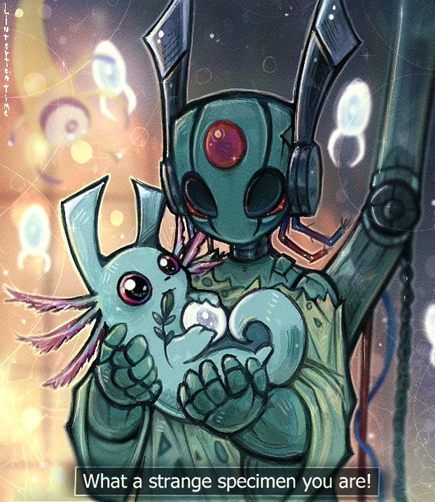 1girl, blue_skin, broken_cable, cable, circle_facial_mark, colored_skin, crack, creature