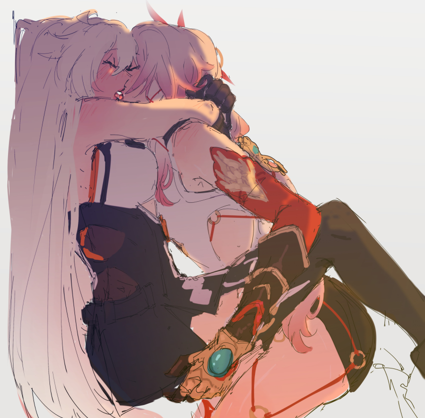 2girls, absurdres, arms_around_neck, black_gloves, black_shorts, black_skirt, black_thighhighs, blush