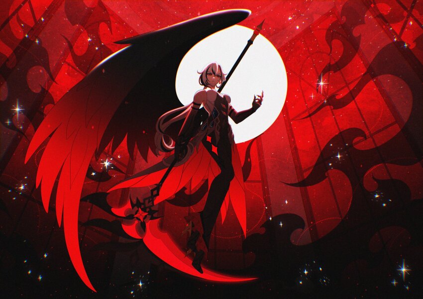 1girl, arlecchino_(genshin_impact), black_bodysuit, black_gloves, black_hair, black_pants, black_wings, bodysuit