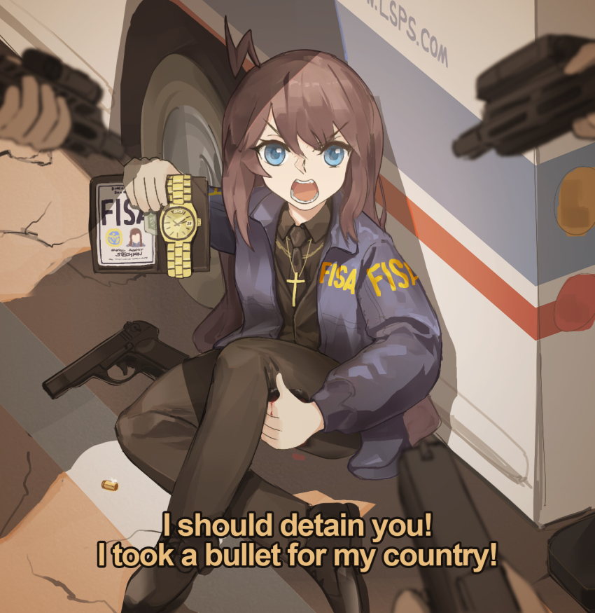 1girl, ahoge, aiming, alternate_costume, black_footwear, black_necktie, black_pants, black_shirt, blue_eyes, blue_jacket, brown_hair, car, check_copyright, collared_shirt, commentary, copyright_request, cross, english_commentary, english_text, full_body, gewehrbroker, girls'_frontline, grand_theft_auto, grand_theft_auto_v, gun, handgun, highres, jacket, long_hair, long_sleeves, looking_at_viewer, motor_vehicle, necktie, open_clothes, open_jacket, open_mouth, original, outdoors, pants, ready_or_not, shirt, solo_focus, stechkin_(girls'_frontline), stechkin_aps, teeth, watch, weapon, wristwatch