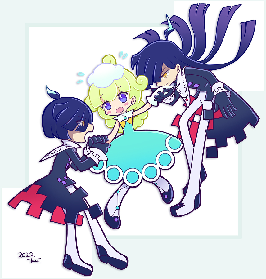 1girl, 2boys, ahoge, aqua_dress, black_footwear, black_gloves, blue_hair, blunt_bangs