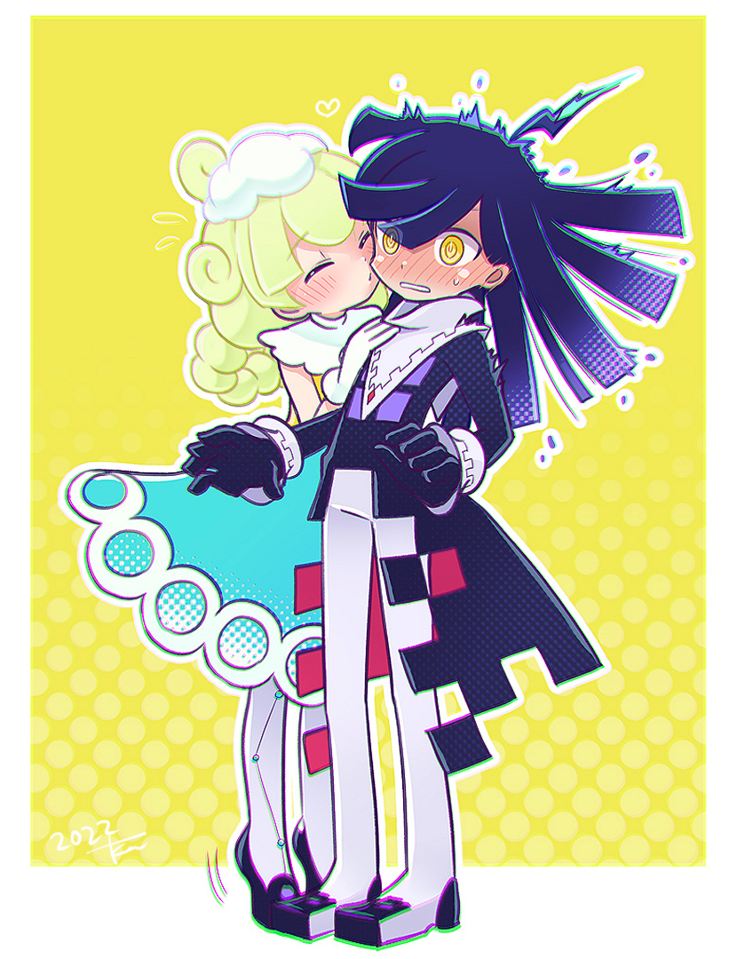 1boy, 1girl, ^_^, after_kiss, ahoge, aqua_dress, assertive_female, black_coat