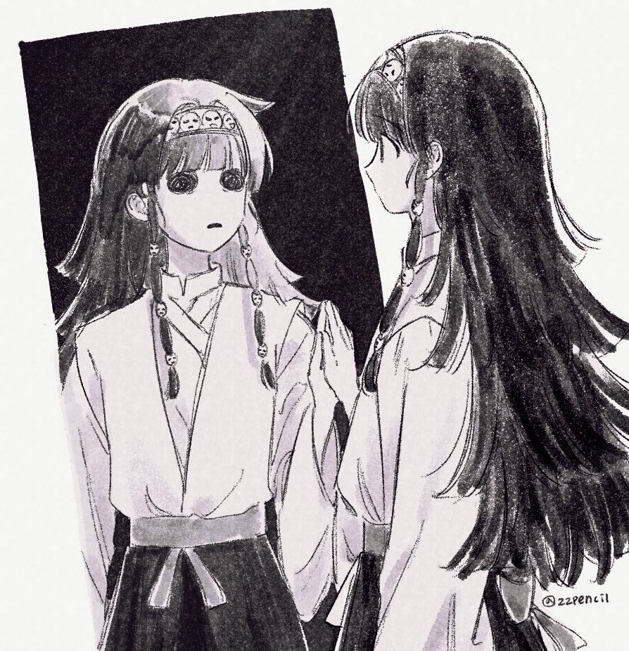 1boy, 1other, alluka_zoldyck, different_reflection, greyscale, hairband, hollow_eyes, hollow_mouth