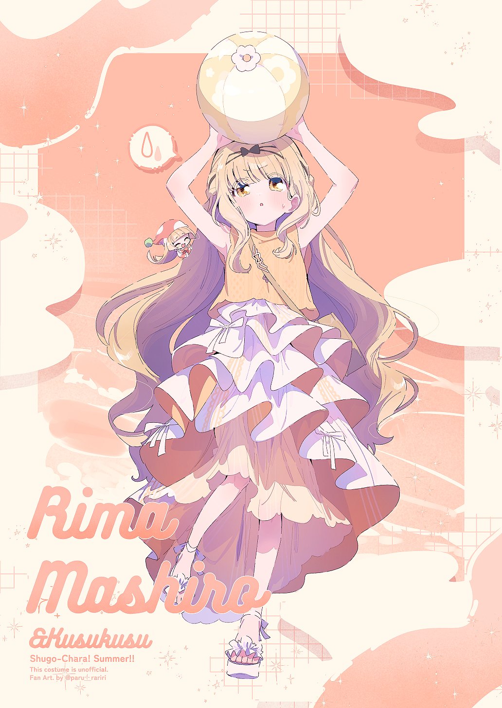 2girls, :o, ^_^, alternate_costume, arms_up, artist_name, bag, ball