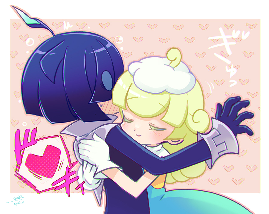 0_0, 1boy, 1girl, ahoge, black_gloves, blue_hair, blunt_ends, blush