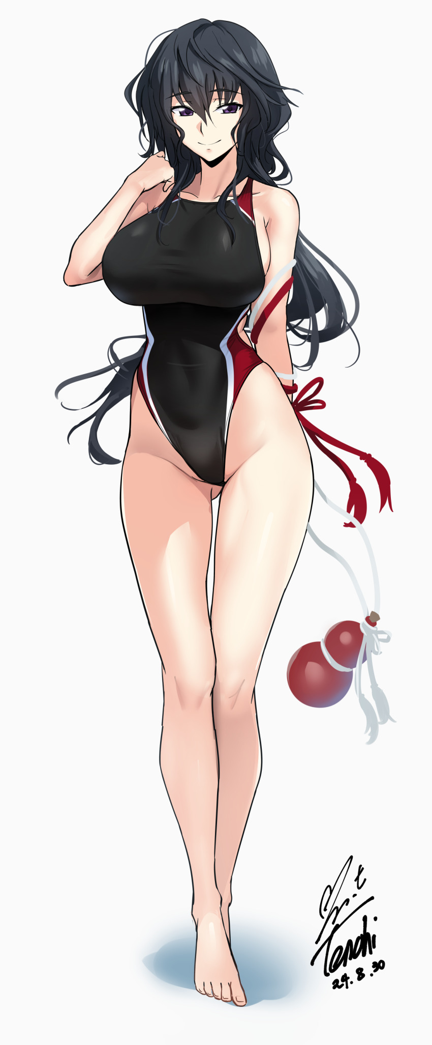 1girl, 2024, absurdres, arm_behind_back, backboob, bare_legs, bare_shoulders, barefoot