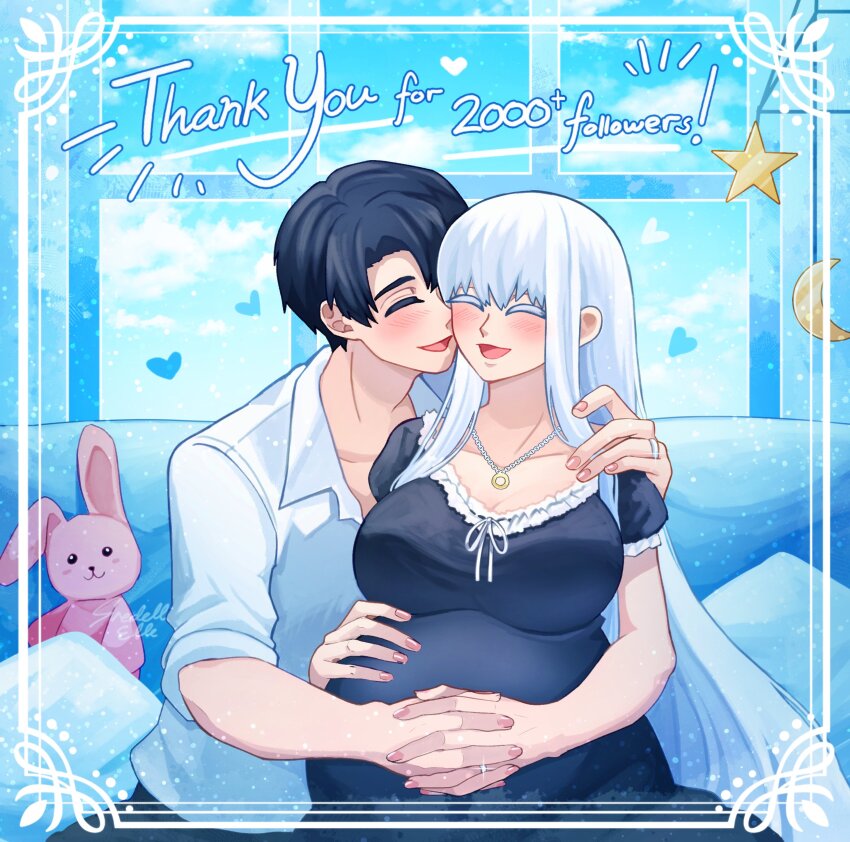 1boy, 1girl, absurdres, angelica_(project_moon), black_dress, black_hair, breasts, cleavage, collarbone, collared_shirt, couch, dress, gredell_elle, highres, holding_hands, husband_and_wife, large_breasts, library_of_ruina, long_hair, long_sleeves, open_mouth, pillow, pregnant, project_moon, puffy_short_sleeves, puffy_sleeves, roland_(project_moon), shirt, short_sleeves, sidelocks, sitting, smile, stuffed_animal, stuffed_rabbit, stuffed_toy, very_long_hair, white_hair, white_shirt, window