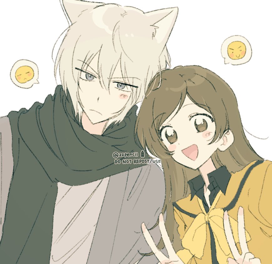 1boy, 1girl, animal_ears, brown_eyes, brown_hair, double_v, fox_boy, fox_ears