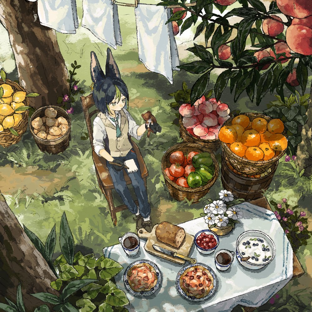 1boy, animal_ear_fluff, animal_ears, barrel, basket, bell_pepper, black_gloves, black_hair