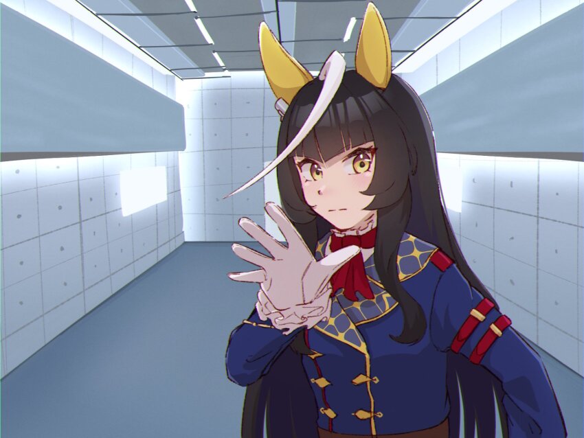 1girl, ahoge, animal_ears, ascot, black_hair, blue_jacket, breasts, buttons, calstone_light_o_(umamusume), closed_mouth, double-breasted, ear_covers, expressionless, gloves, hand_up, highres, horse_ears, indoors, jacket, jamiroquai, long_hair, long_sleeves, looking_at_viewer, multicolored_hair, open_hand, parody, ram_(p_searam), shirt, small_breasts, solo, split_mouth, streaked_hair, umamusume, upper_body, virtual_insanity_(song), white_gloves, white_shirt, yellow_eyes