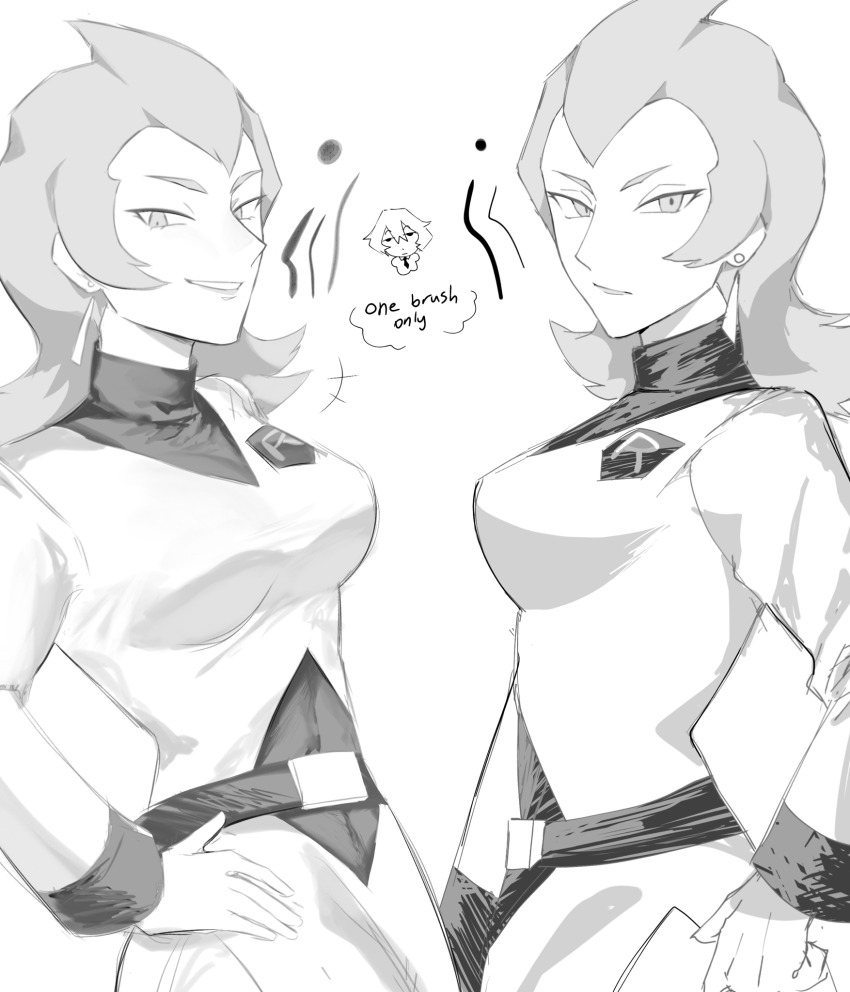 1girl, ariana_(pokemon), belt, breasts, chibi, chibi_inset, earrings, english_text