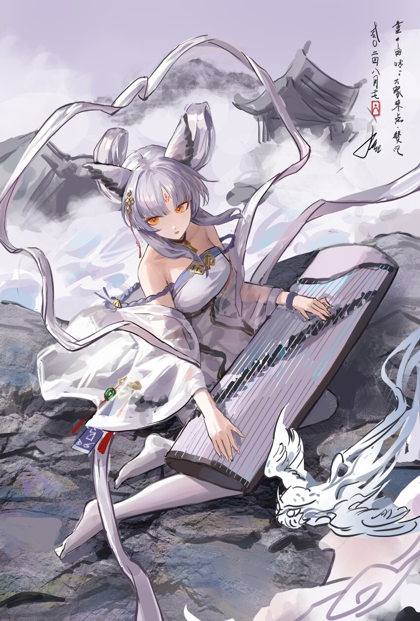 1girl, absurdres, arknights, bare_shoulders, chinese_commentary, commentary, day, detached_sleeves