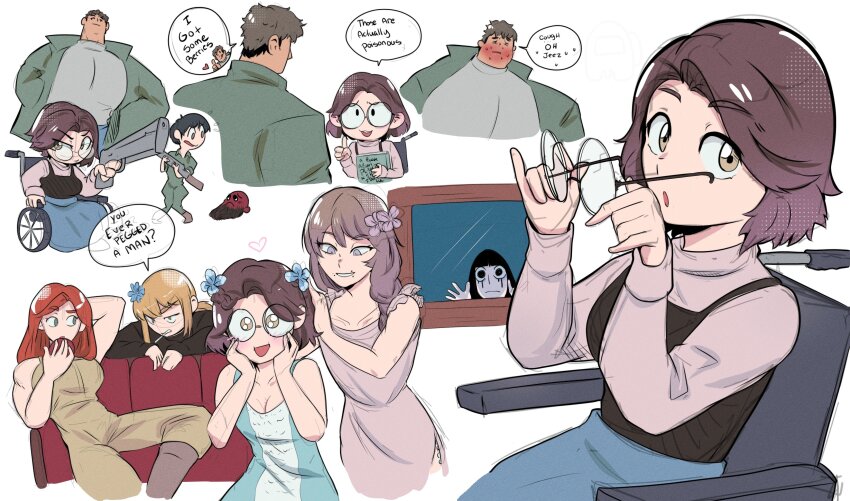 3boys, 5girls, abella_(fear_&amp;_hunger), absurdres, bare_arms, bare_shoulders, black_hair, black_shirt