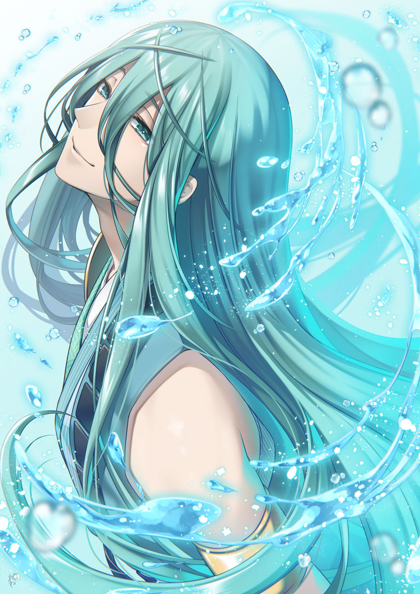 1boy, armlet, bishounen, blue_background, blue_eyes, blue_hair, blue_theme, chiyoganemaru_(touken_ranbu)