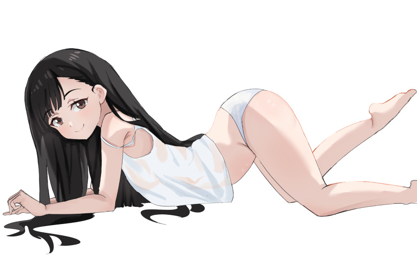 1girl, arm_support, ass, bare_legs, barefoot, black_hair, blush, breasts, brown_eyes, camisole, closed_mouth, fiftya, highres, loli, long_hair, looking_at_viewer, lying, make_heroine_ga_oo_sugiru!, no_pants, nukumizu_kaju, panties, shirt, simple_background, smile, solo, underwear, white_background, white_panties, white_shirt