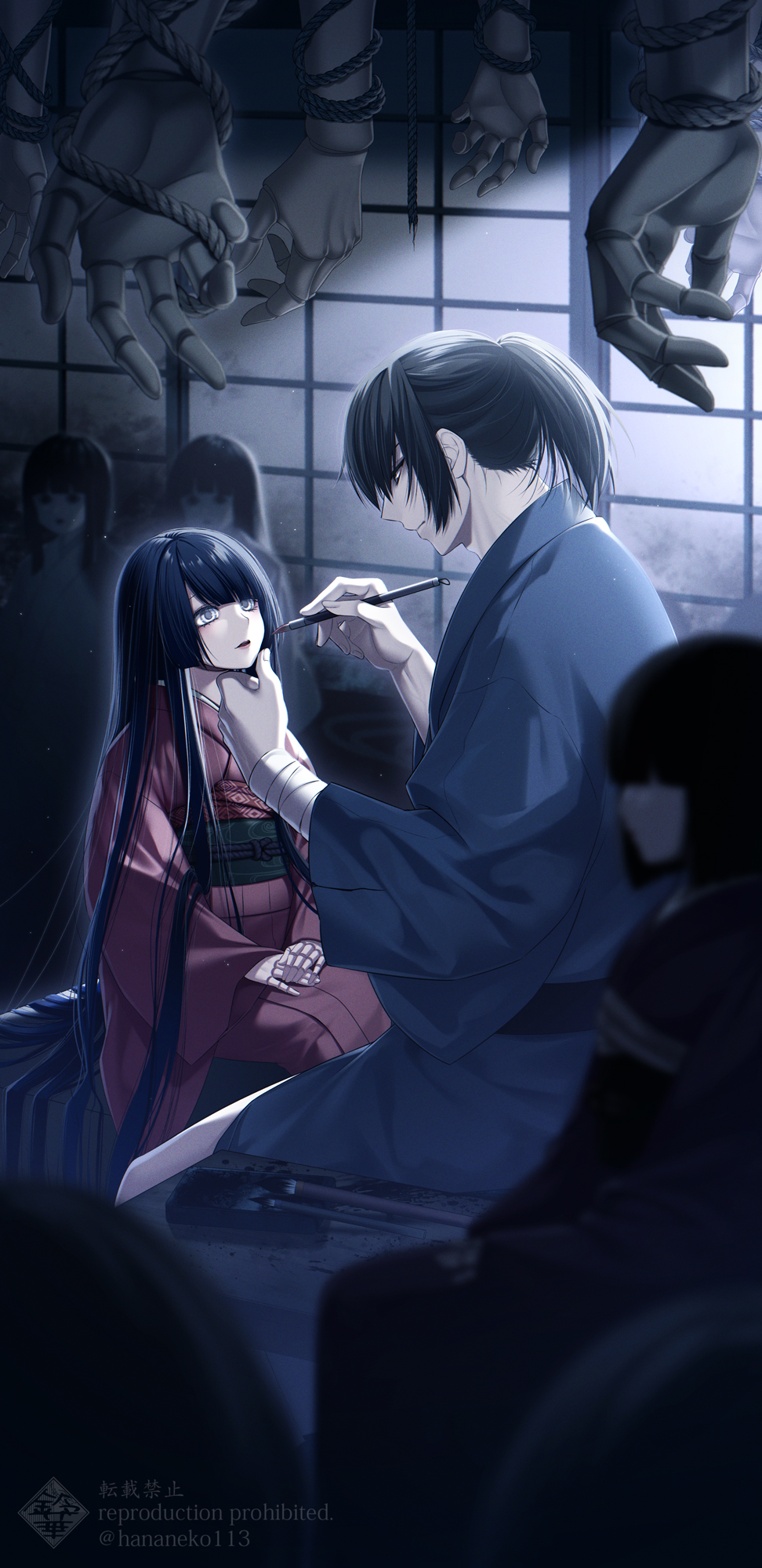 1boy, 1girl, black_hair, commentary_request, disembodied_hand, doll, doll_joints, grabbing_another's_chin, hand_on_another's_chin, highres, indoors, japanese_clothes, joints, kimono, long_hair, original, painting_(action), ponytail, seiza, short_hair, sitting, suzuka_nene, very_long_hair