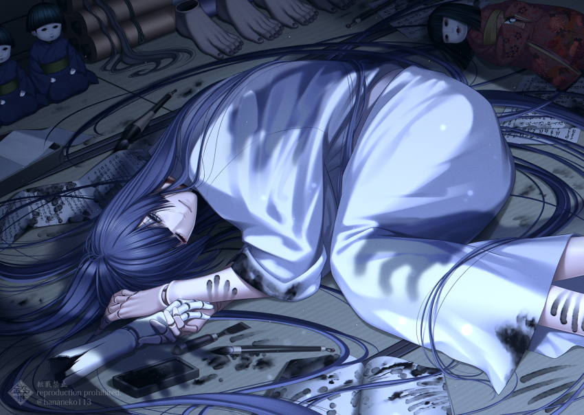 1boy, black_hair, blue_eyes, commentary_request, disembodied_hand, doll, doll_joints, fetal_position