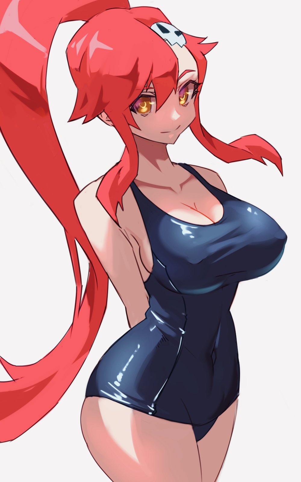 1girl, alternate_costume, arms_behind_back, bare_shoulders, blue_one-piece_swimsuit, breasts, cleavage, closed_mouth