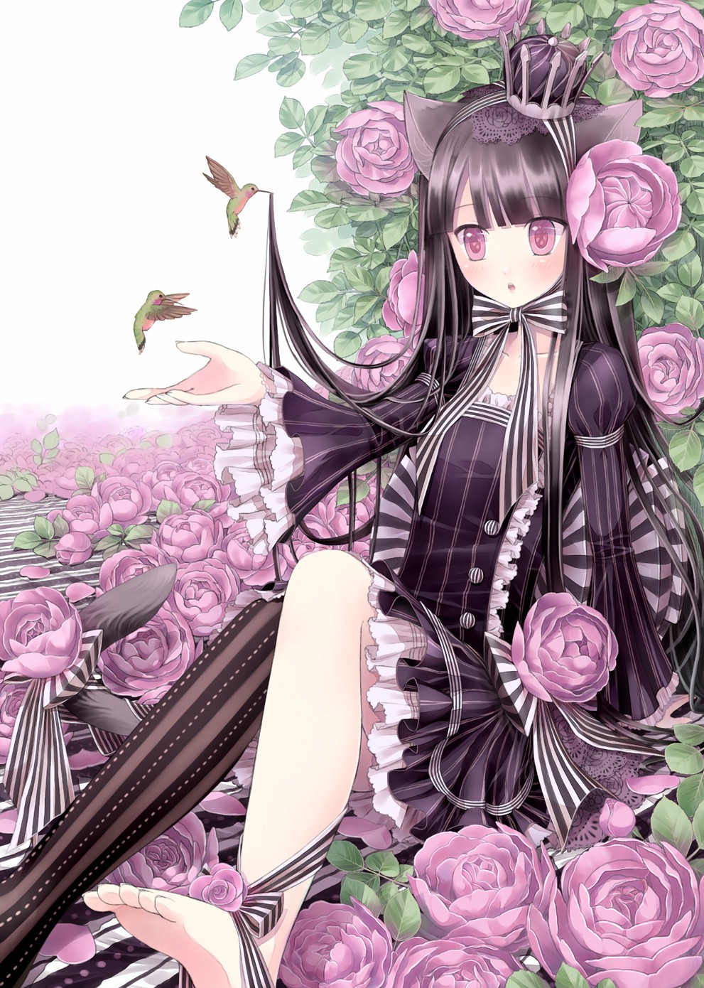 1girl, animal_ears, arm_support, asymmetrical_clothes, barefoot, bird, black_crown, black_hair