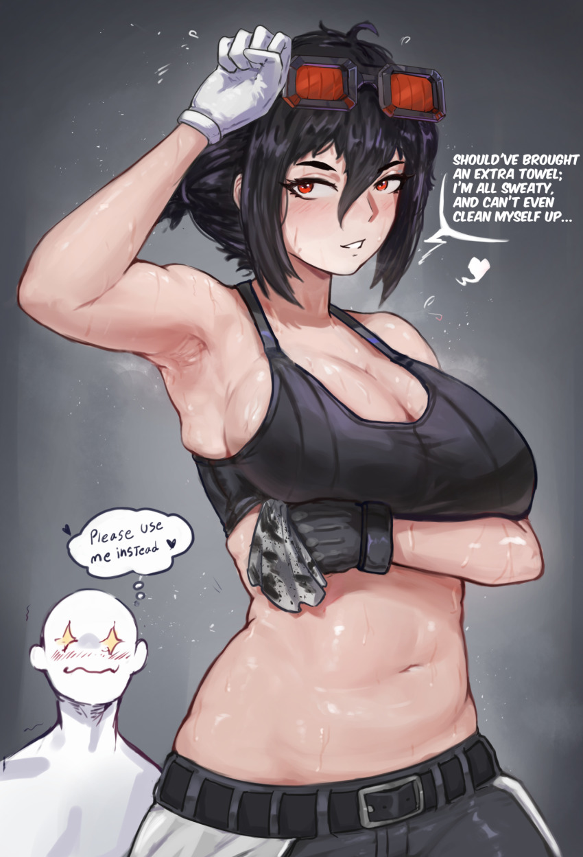 1girl, 1other, ahoge, arm_under_breasts, arm_up, armpits, asymmetrical_gloves, bare_shoulders, belt, black_belt, black_gloves, black_hair, black_pants, blush, breasts, cleavage, commentary, english_commentary, english_text, gloves, goggles, goggles_on_head, grace_howard, grey_gloves, hair_between_eyes, hand_on_own_head, highres, holding_rag, large_breasts, long_hair, looking_at_another, looking_at_viewer, mismatched_gloves, mistadraws, navel, orange_eyes, pants, parted_lips, smile, sparkling_eyes, speech_bubble, sports_bra, steaming_body, sweat, thought_bubble, upper_body, very_sweaty, zenless_zone_zero