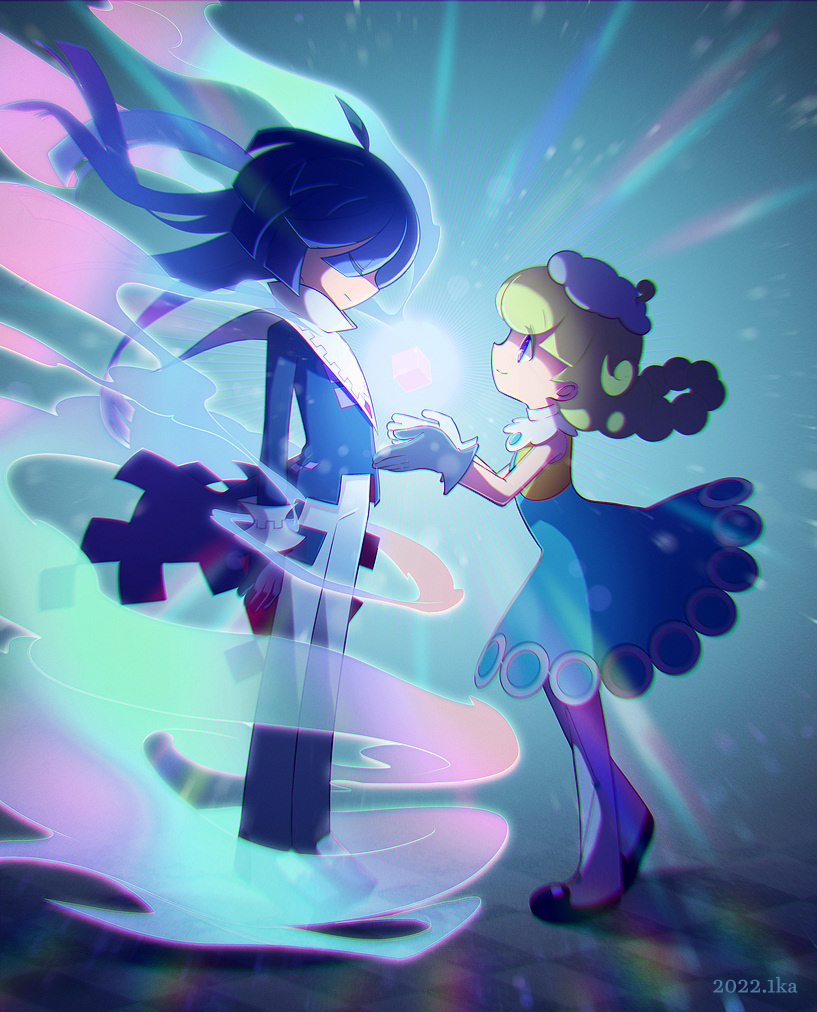 1boy, 1girl, ahoge, aqua_dress, arms_at_sides, artist_name, black_footwear, black_hair