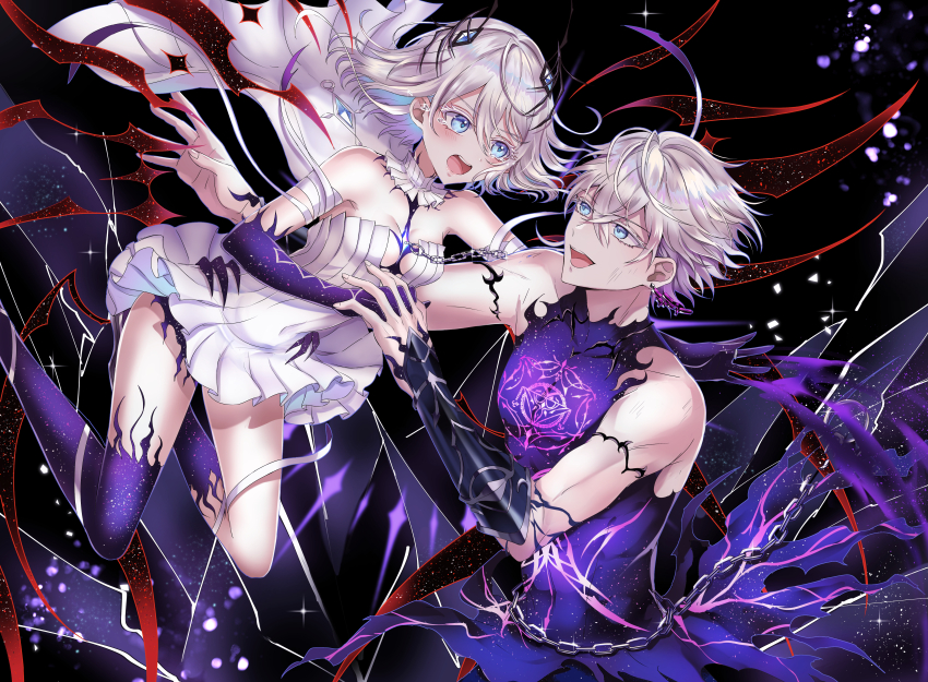 1boy, 1girl, absurdres, blue_eyes, brother_and_sister, chain, dress, gauntlets