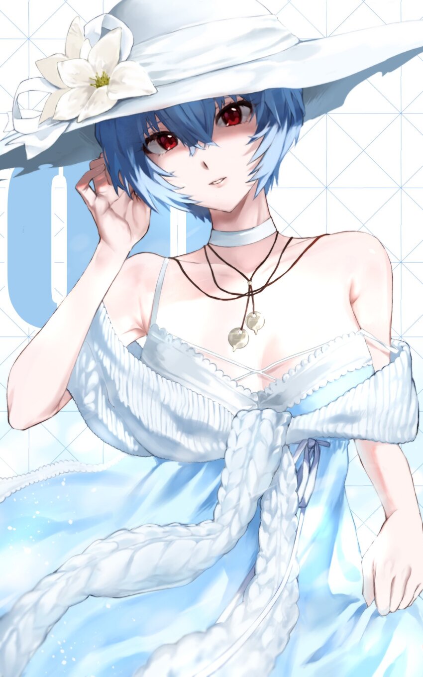 1girl, ayanami_rei, ayanami_rei_(peaceful_vacation)_(nikke), blue_dress, blue_hair, choker, collarbone, dress