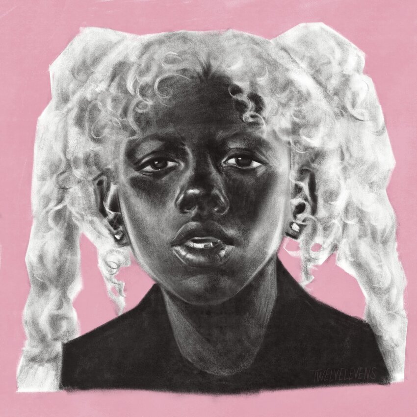 1boy, absurdres, album_cover, album_cover_redraw, cosplay, cover, dark-skinned_male, dark_skin, derivative_work, greyscale_with_colored_background, hatsune_miku, hatsune_miku_(cosplay), highres, hip_hop, igor_(tyler_the_creator), long_hair, looking_at_viewer, male_focus, parted_lips, pink_background, portrait, real_life, realistic, shirt, solo, t-shirt, twelvelevens, twintails, tyler_the_creator, vocaloid