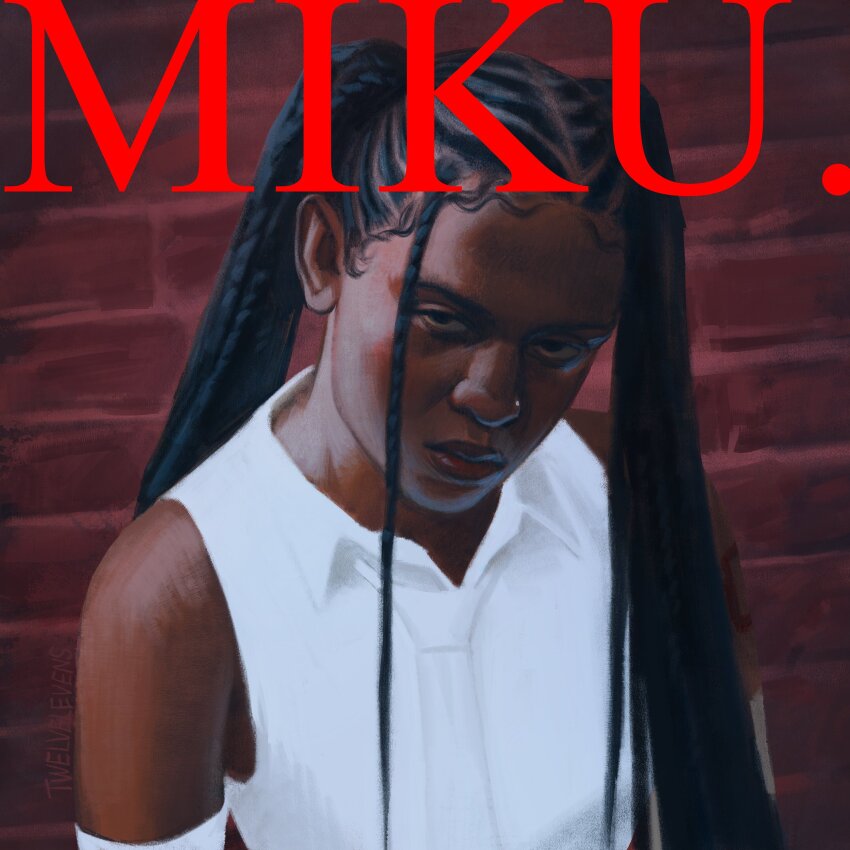 1girl, absurdres, album_cover, album_cover_redraw, artist_name, black_eyes, black_hair, brick_wall, collared_shirt, cornrows, cover, damn._(kendrick_lamar), dark-skinned_female, dark_skin, derivative_work, detached_sleeves, face_piercing, fake_cover, frown, fusion, hatsune_miku, highres, hip_hop, kendrick_lamar, kendrick_lamar_(copyright), necktie, nose_piercing, piercing, real_life, realistic, shirt, sleeveless, sleeveless_shirt, solo, twelvelevens, twintails, vocaloid, white_necktie, white_shirt