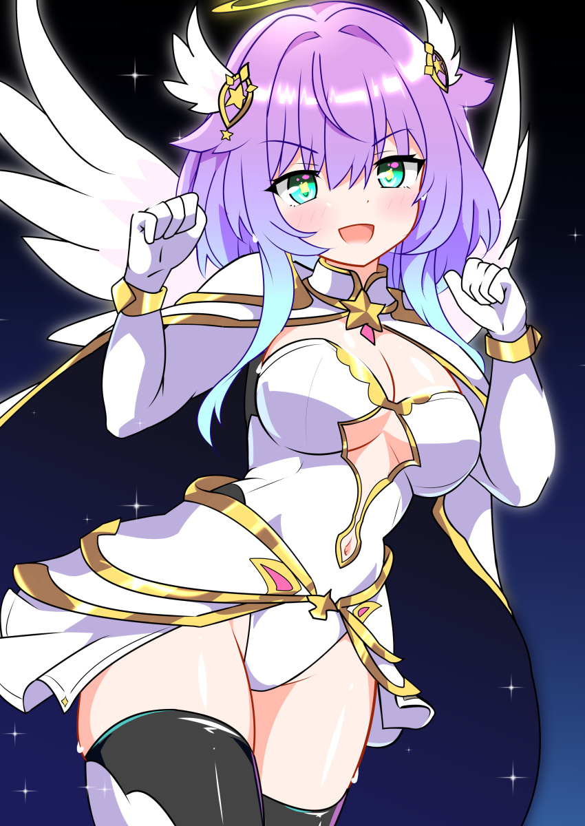 +_+, absurdres, angel, cape, cleavage_cutout, clothing_cutout, feathered_wings, gradient_hair