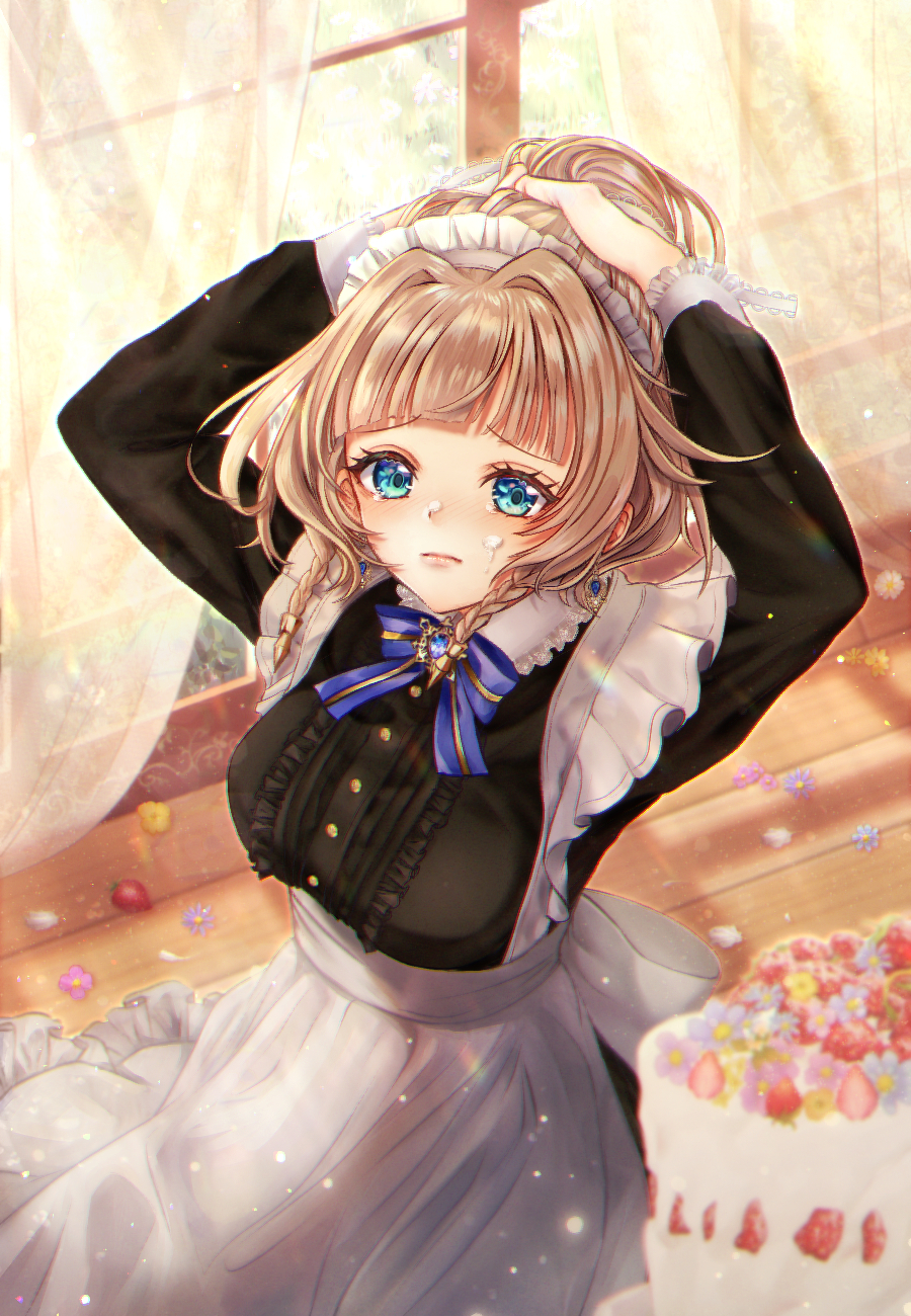 1girl, alice39r, apron, black_dress, braid, cake, cream, cream_on_face, dress, excellia_cruz, food, food_on_face, frilled_apron, frills, highres, maid, maid_apron, maid_headdress, shironeko_project, solo, twin_braids, white_apron