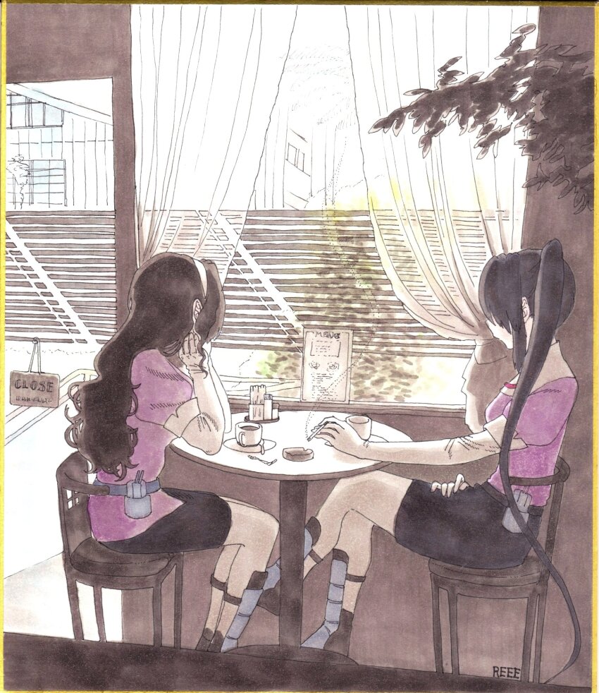 2girls, ashigara_(kancolle), black_hair, black_skirt, breasts, cb839, chair, cigarette