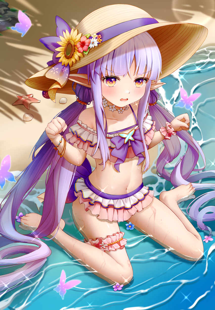 1girl, absurdres, bare_legs, barefoot, beach, bikini, bikini_skirt, bow