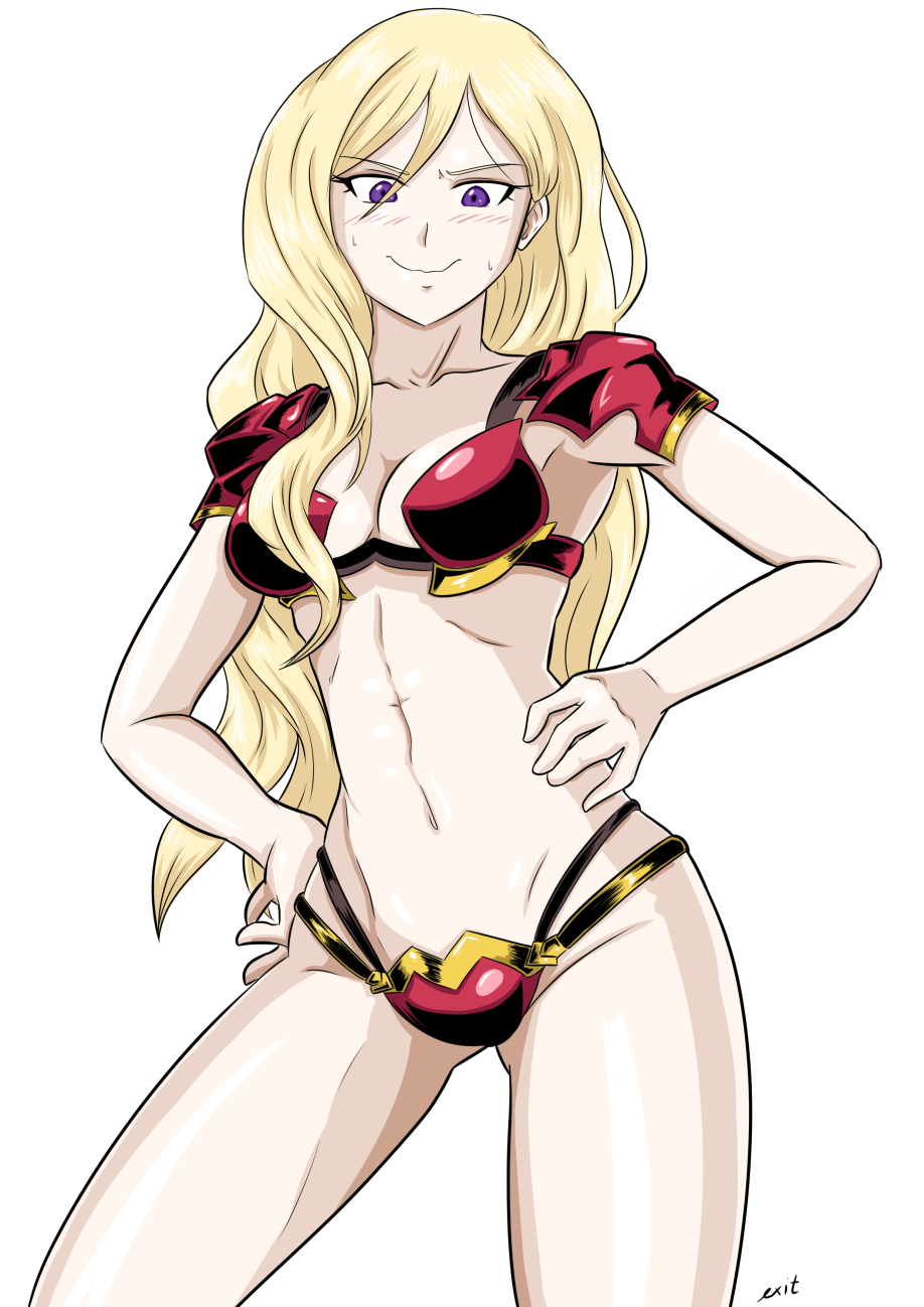 1girl, armor, armpits, artist_name, bare_legs, bikini_armor, blonde_hair, closed_mouth
