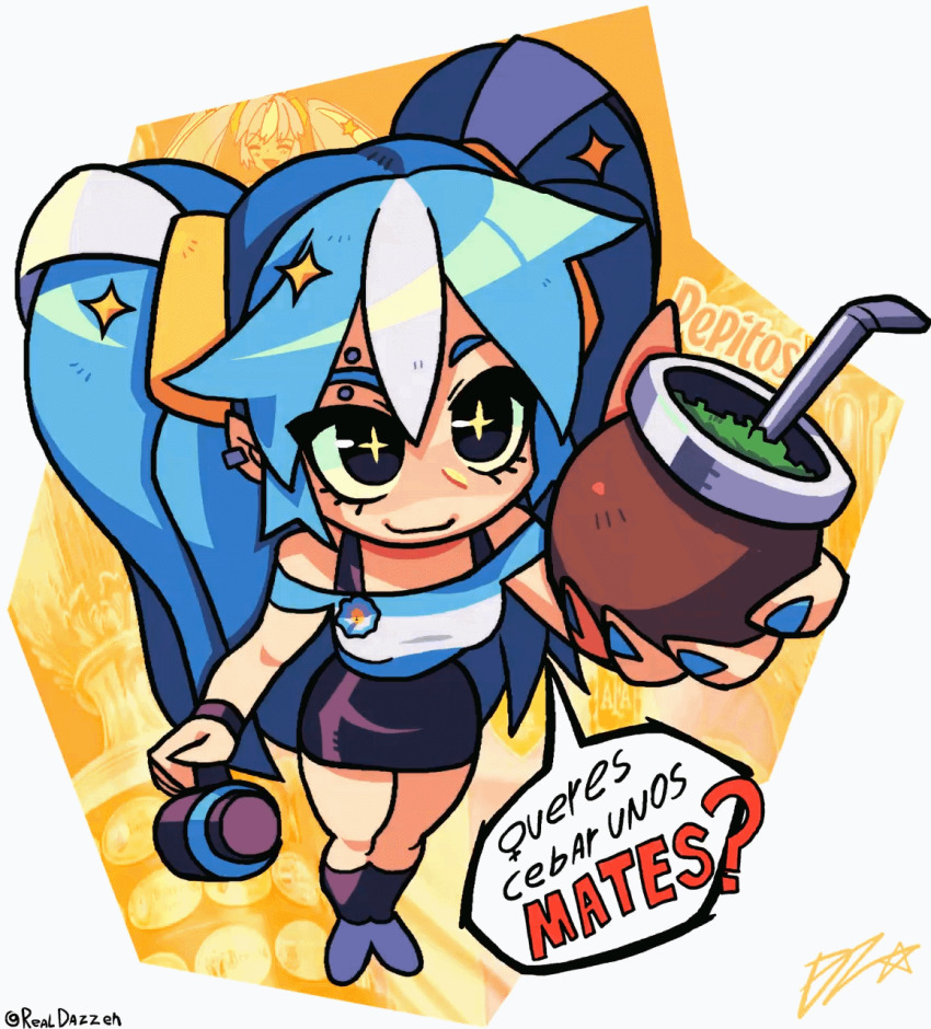 1girl, ?, animated, animated_gif, aqua_hair, argentinian_flag, argentinian_flag_print, argentinian_miku, bare_legs, black_eyes, breasts, cowboy_shot, dreadlocks, drink, drunk, ear_piercing, eyelashes, flag_print, foreshortening, hair_between_eyes, hair_ornament, happy, hatsune_miku, highres, holding, holding_drink, jacket, jewelry, leg_tattoo, legs_together, long_hair, looking_at_viewer, mate_(drink), open_mouth, piercing, realdazzen, shirt, simple_background, skirt, solo, spanish_text, standing, star-shaped_pupils, star_(symbol), symbol-shaped_pupils, tattoo, translated, twintails, very_long_hair, vocaloid, white_shirt, wide_hips